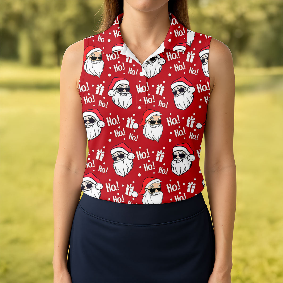 Santa Claus Pattern Christmas Red Fun Women's Golf Shirts, Christmas Golf Shirt, Ladies Golf Shirts