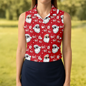 Santa Claus Pattern Christmas Red Fun Women's Golf Shirts, Christmas Golf Shirt, Ladies Golf Shirts