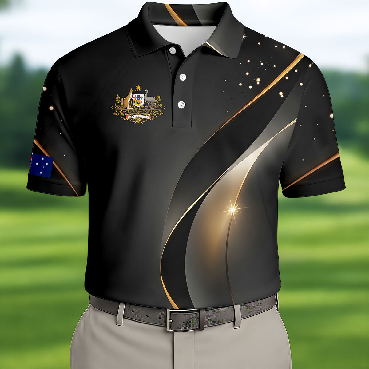 Australian Coat Of Arms Black And Gold Gradient Golf Tops For Men, Polo Shirts For Men