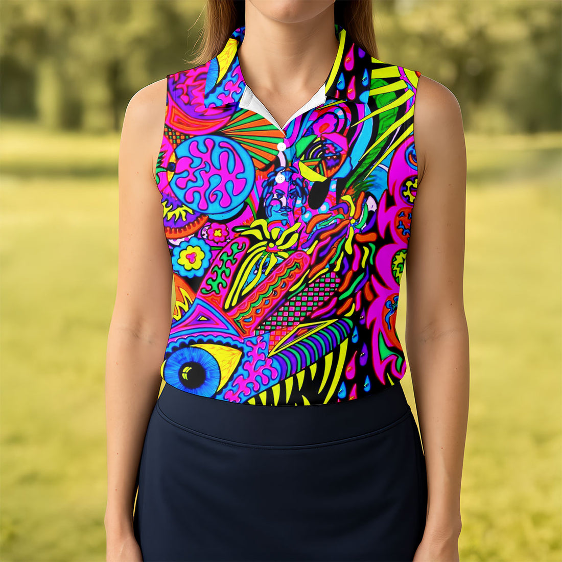 Neon Psychedelic Abstract Eye Pattern Golf Shirt, Women's Golf Tops, Women’s Golf Apparel, Performance Golf Shirt