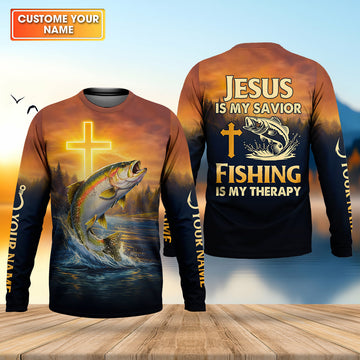 Jesus Is My Savior Fishing Is My Therapy Shirt, Custom Name Fishing Shirt, Fishing UPF Shirts, Funny Fishing Shirt