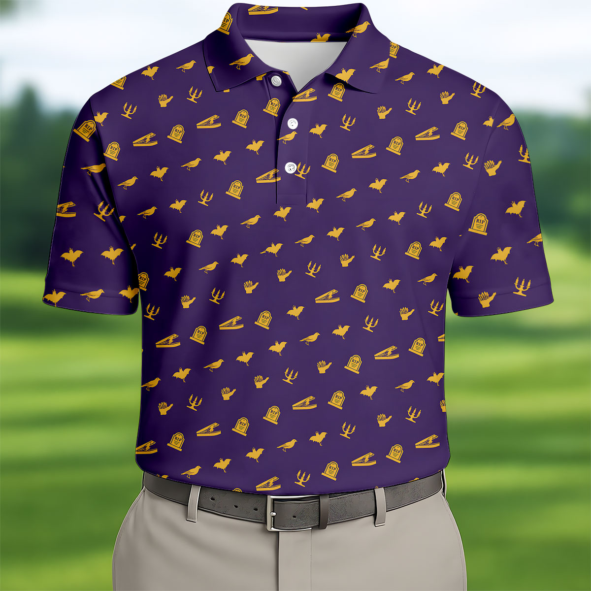 Purple Gravestone Bat Halloween Pattern Polo Shirt, Golf Shirts For Men, Mens Polo Shirts