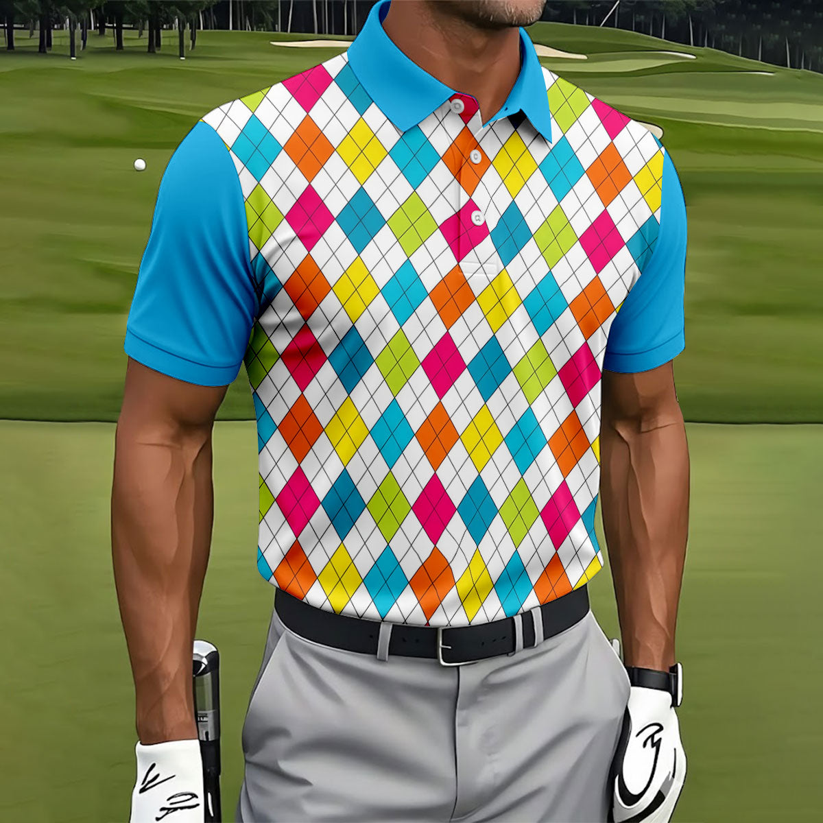 Retro Argyle Diamond Checkered Golf Shirt, Mens Golf Polo, Printed Golf Shirts