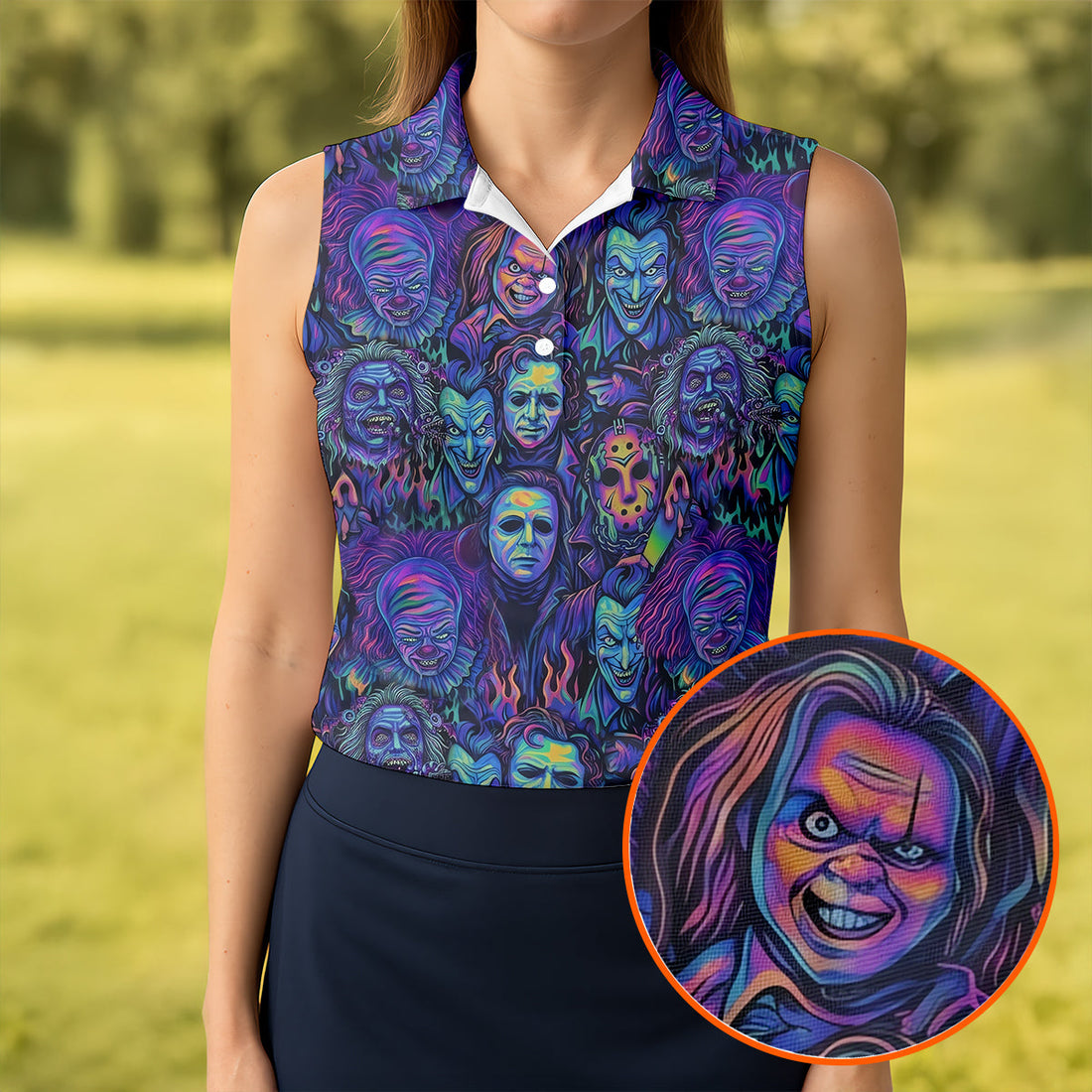 Neon Horror Character Villains Halloween Golf Shirt, Women's Golf Polo, Ladies Golf Tops