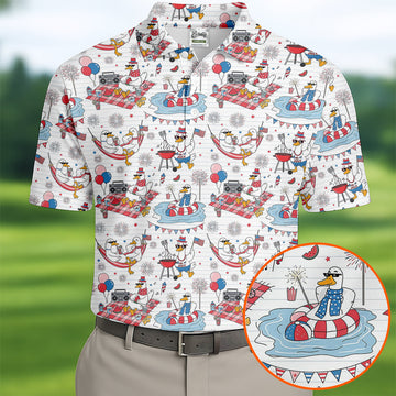 Funny Patriotic Duck Summer Party Polo Shirt, Mens Golf Polo, Golf Shirts For Men