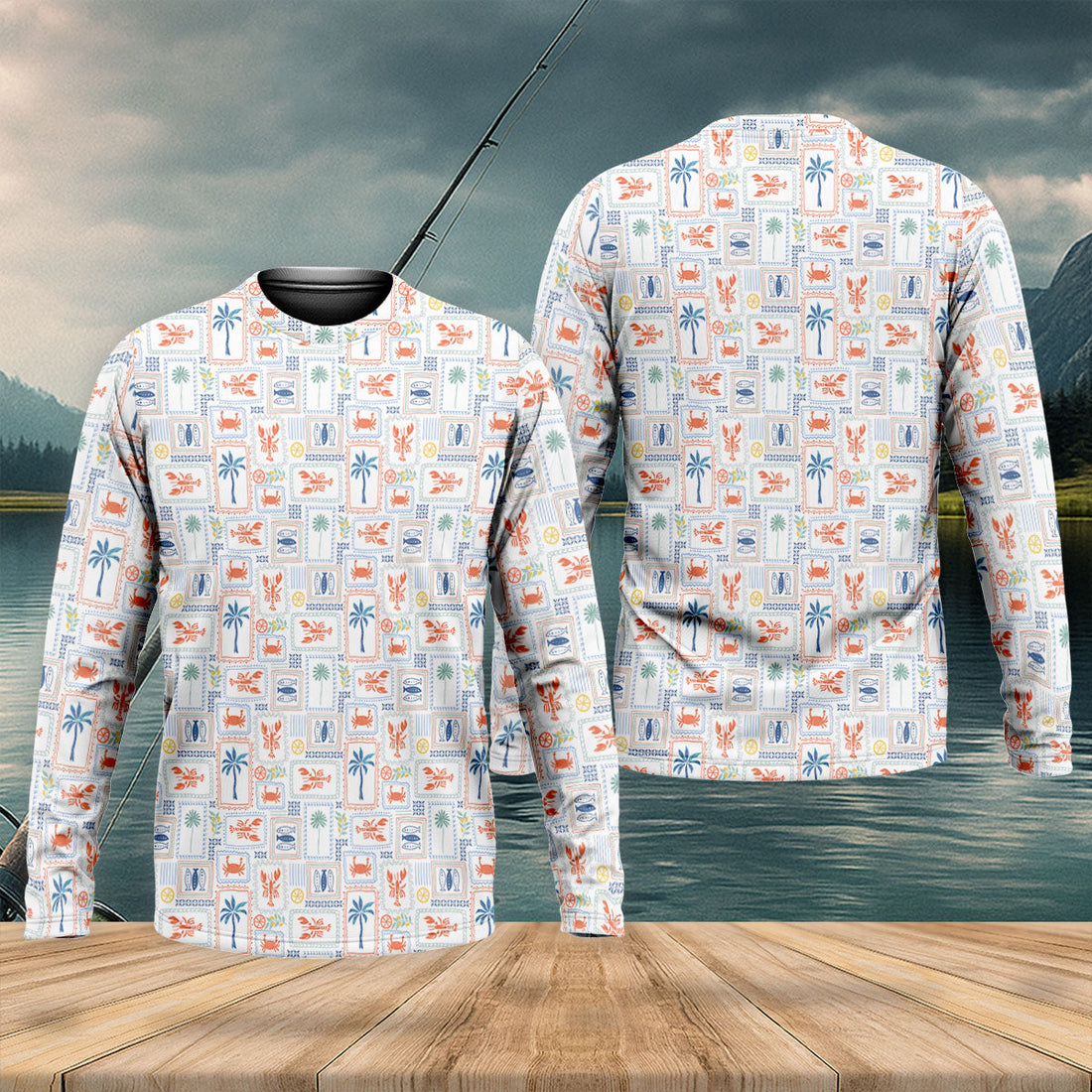 Seafood Patchwork Pattern Tropical Theme Fishing UPF Shirts, Fishing Shirts For Men