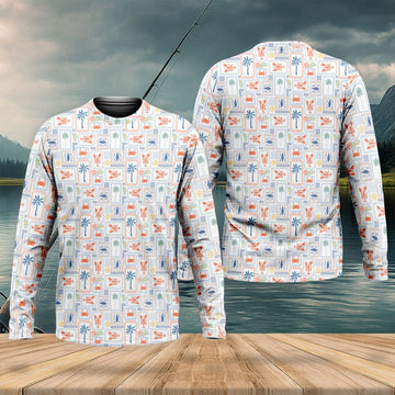 Seafood Patchwork Pattern Tropical Theme Fishing UPF Shirts, Fishing Shirts For Men