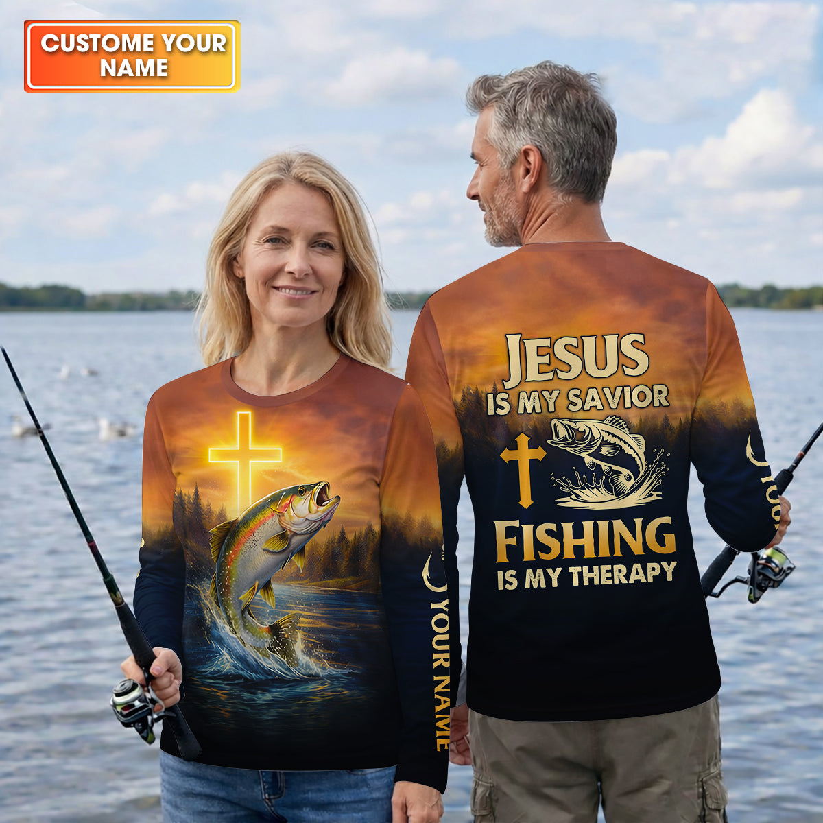 Jesus Is My Savior Fishing Is My Therapy Shirt, Custom Name Fishing Shirt, Fishing UPF Shirts, Funny Fishing Shirt