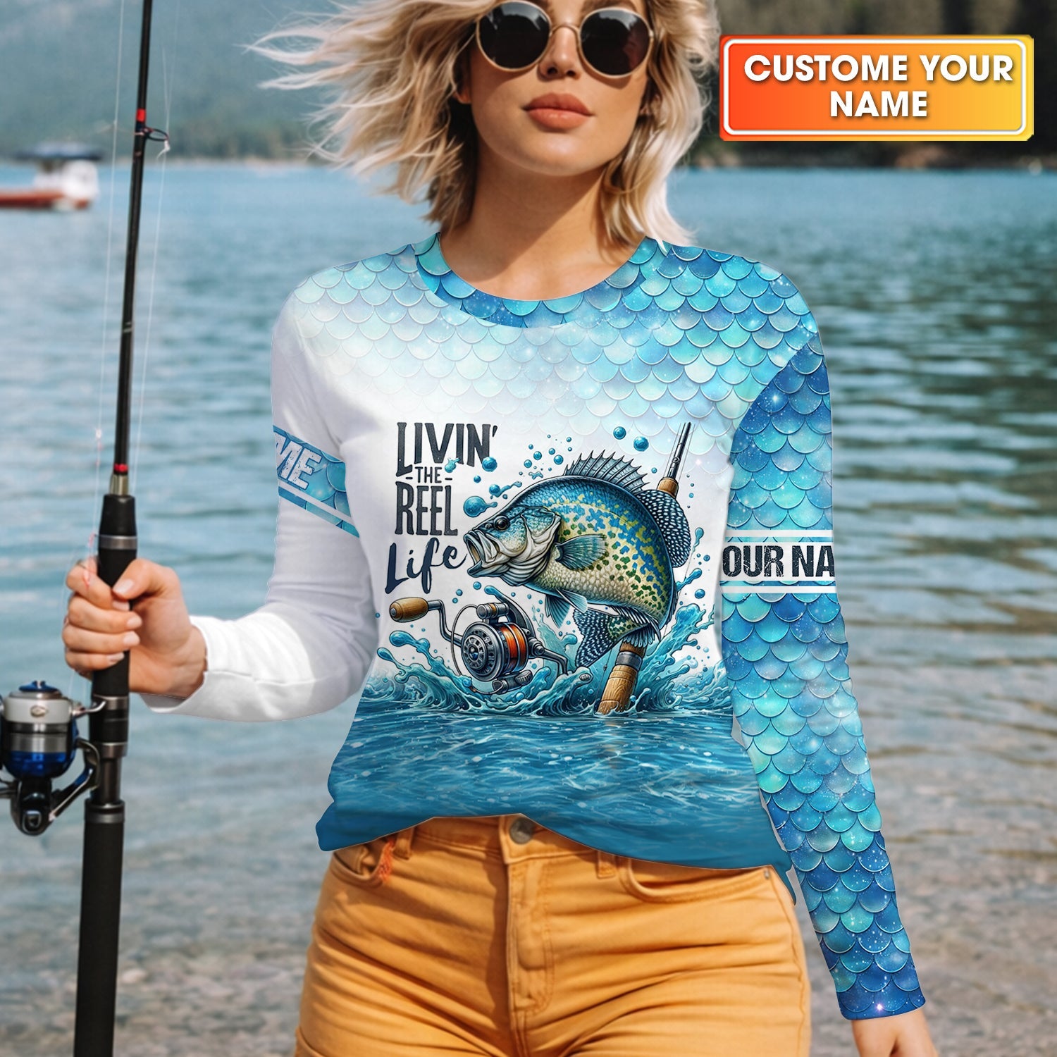 Living The Reel Life Fish Scale Pattern Funny Fishing Shirt, Fishing UPF Shirts, Women Fishing Shirt
