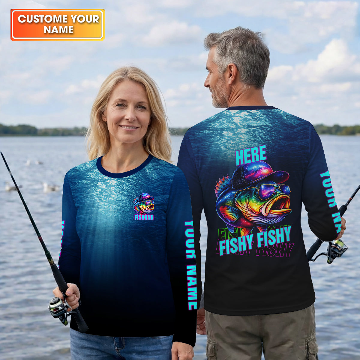 Here Fishy Fishy Fishy, Personalized Fishing Shirt, Fishing UPF Shirts, Funny Fisherman Gift