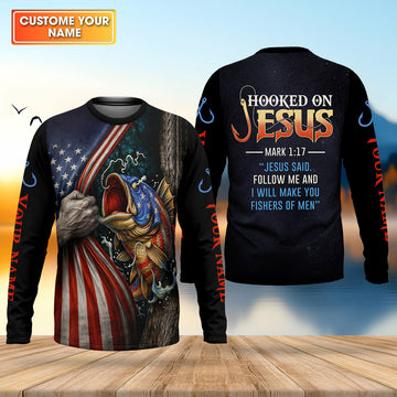 Hooked On Jesus Shirt, Personalized Christian Fishing Shirt, Mark 1:17 Fisher Of Men, Fishing UPF Shirts