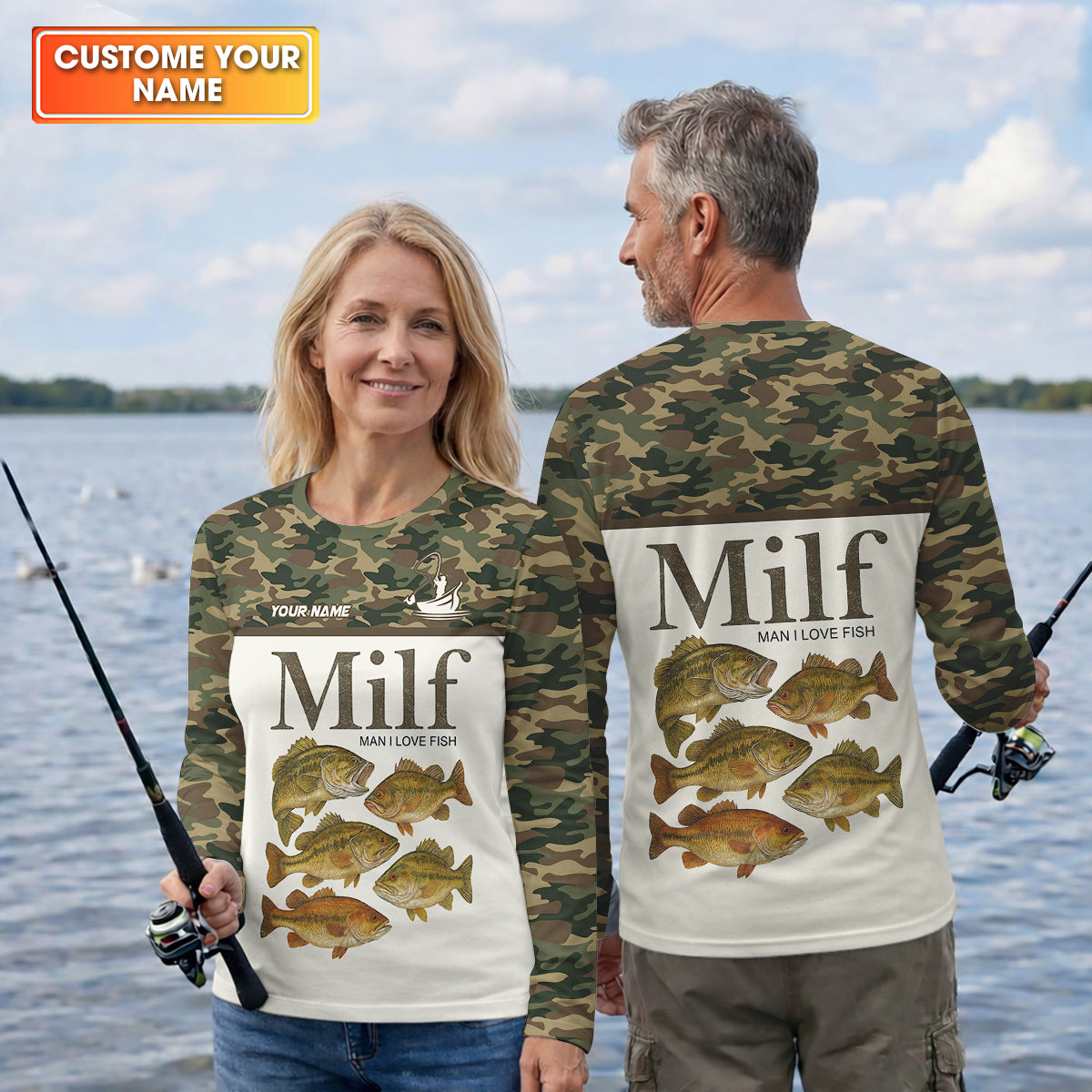 MILF Man I Love Fish Funny Fishing Shirt, Camo Fishing UPF Shirts, Fishing Shirts For Men