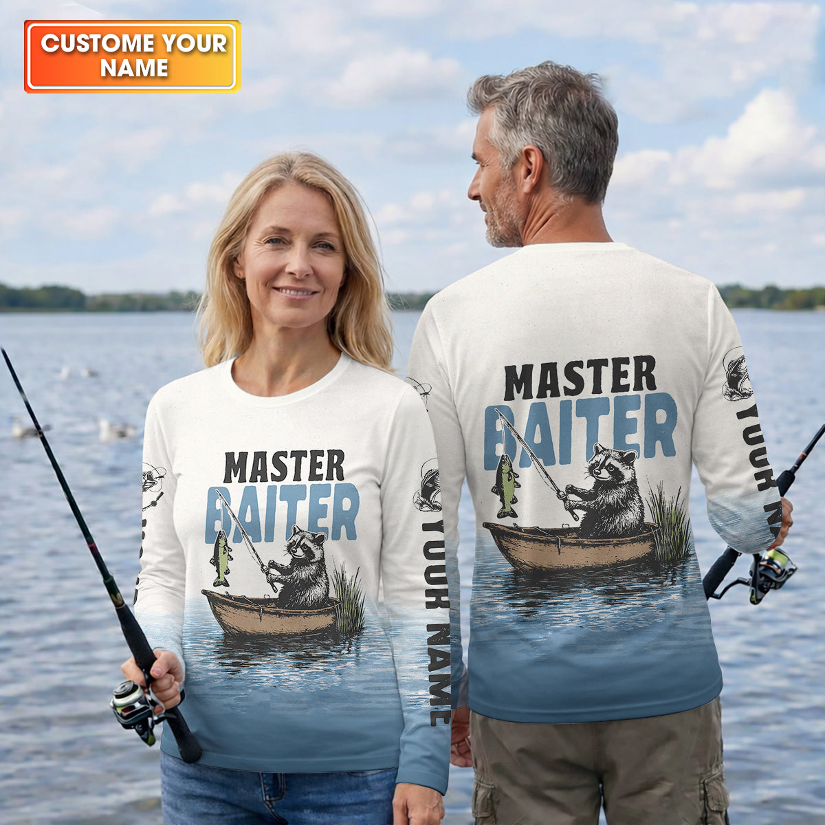 Master Baiter Shirt, Personalized Funny Raccoon Fishing Long Sleeve For Men, Fishing UPF Shirts