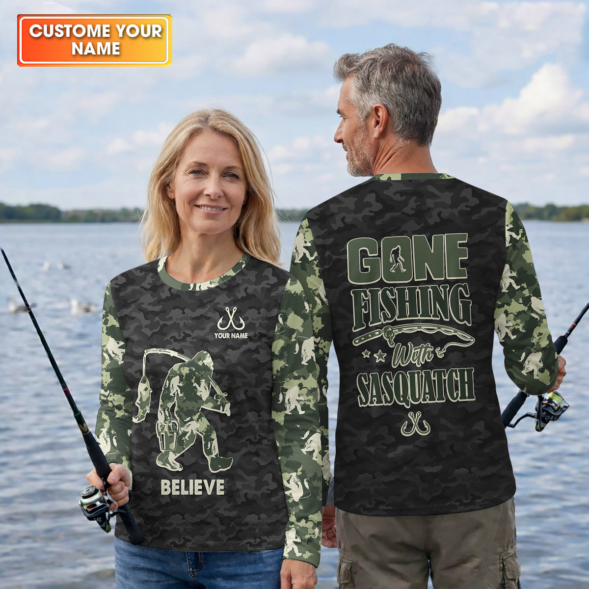Gone Fishing With Sasquatch Camo Fishing Shirt, Fishing UPF Shirts, Fishing Shirts For Men