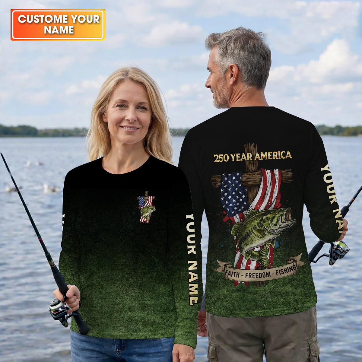 Faith Freedom Fishing Patriotic Fishing Shirt, Fishing UPF Shirts, 250th Anniversary Men's Fishing Shirt