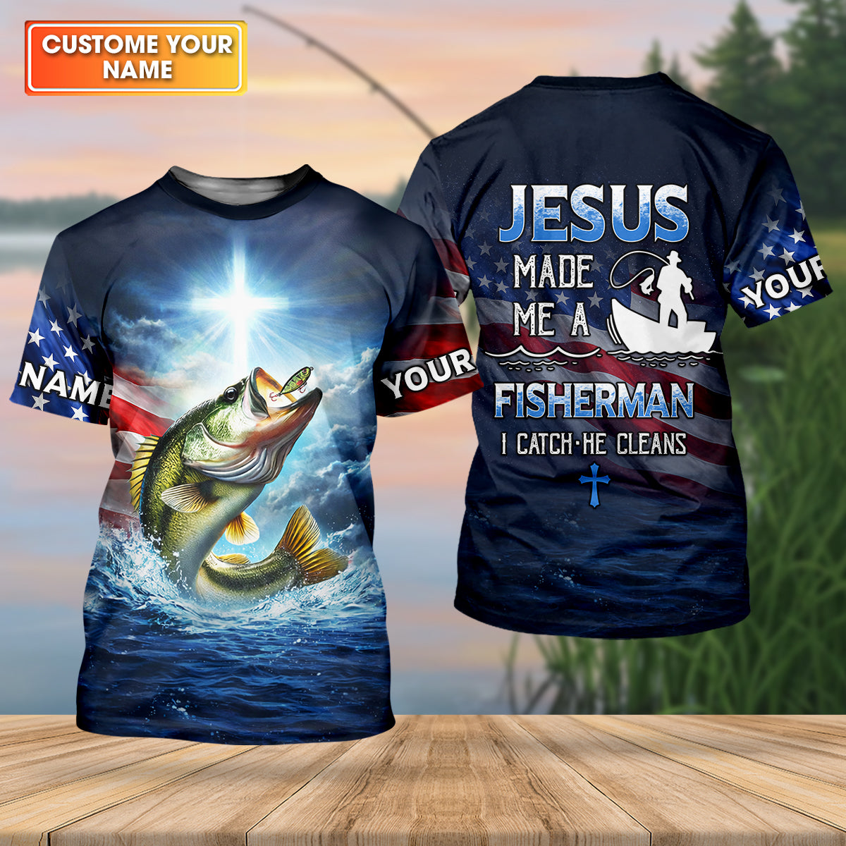 Jesus Made Me A Fisherman Shirt, Patriotic Christian Bass Fishing Shirt For Men, Fishing UPF Shirts