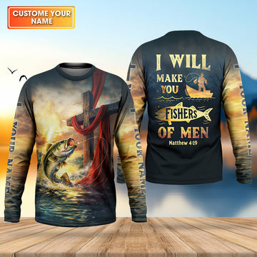 I Will Make You Fishers Of Men Shirt, Personalized Christian Fishing Long Sleeve, Matthew 4:19 Bass Fishing Shirt