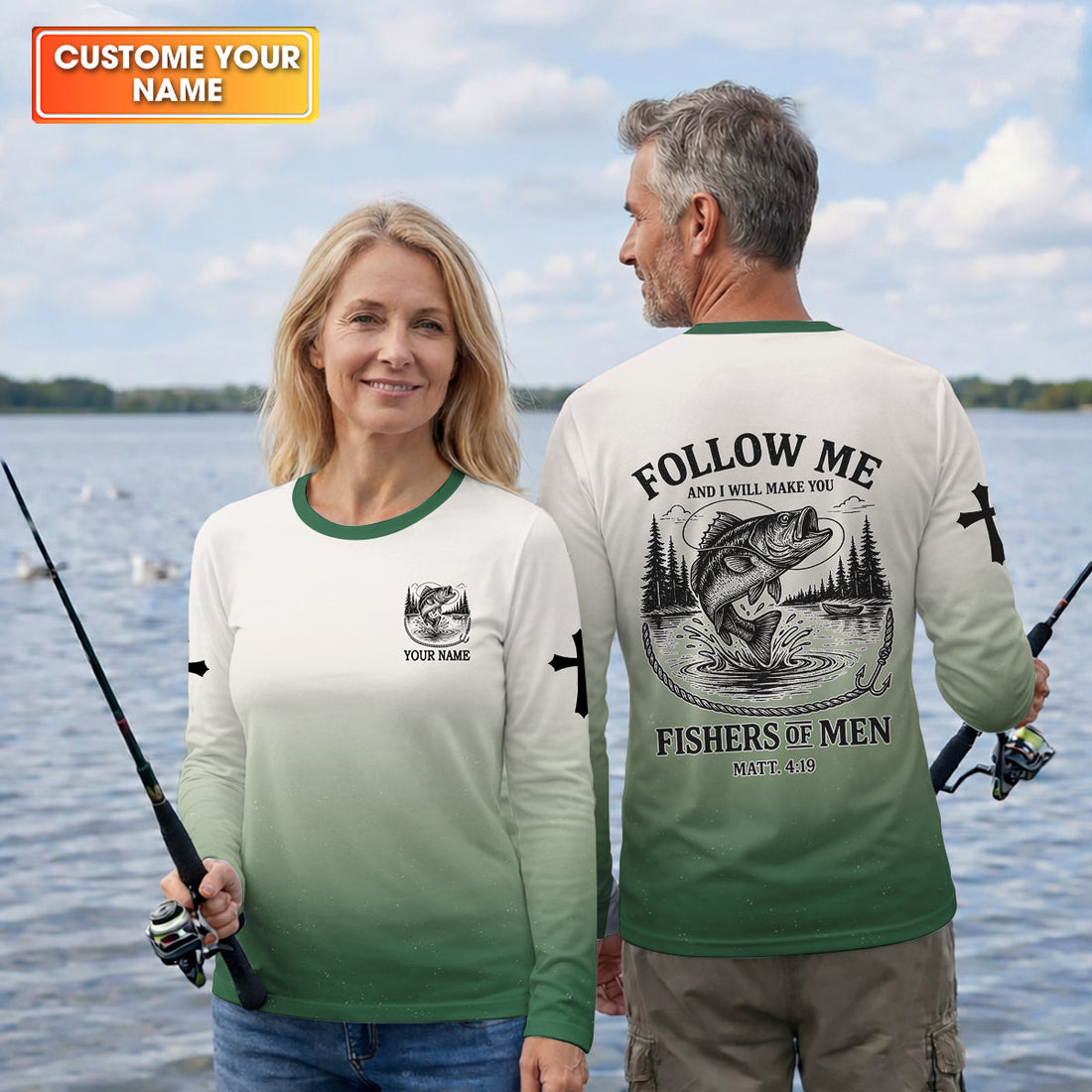 Custom Christian Shirts, Christian Fishing Shirts, Follow Me Fishers of Men Matthew 4:19, Religious Gift for Men