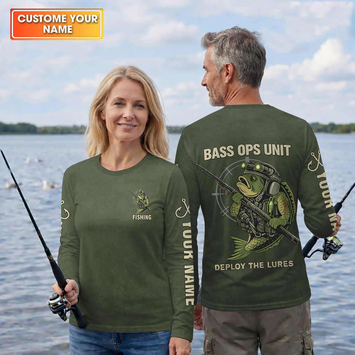 Bass Fishing Shirt, Personalized Military Fishing Long Sleeve Shirt, Funny Fishing Shirts For Men