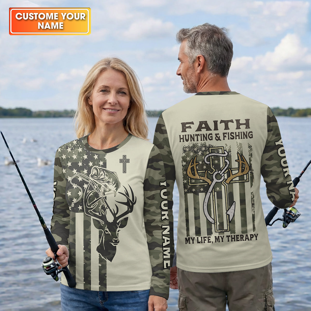 Faith Hunting Fishing Shirt, Christian Camo Deer Bass Patriotic Long Sleeve, Fishing UPF Shirts