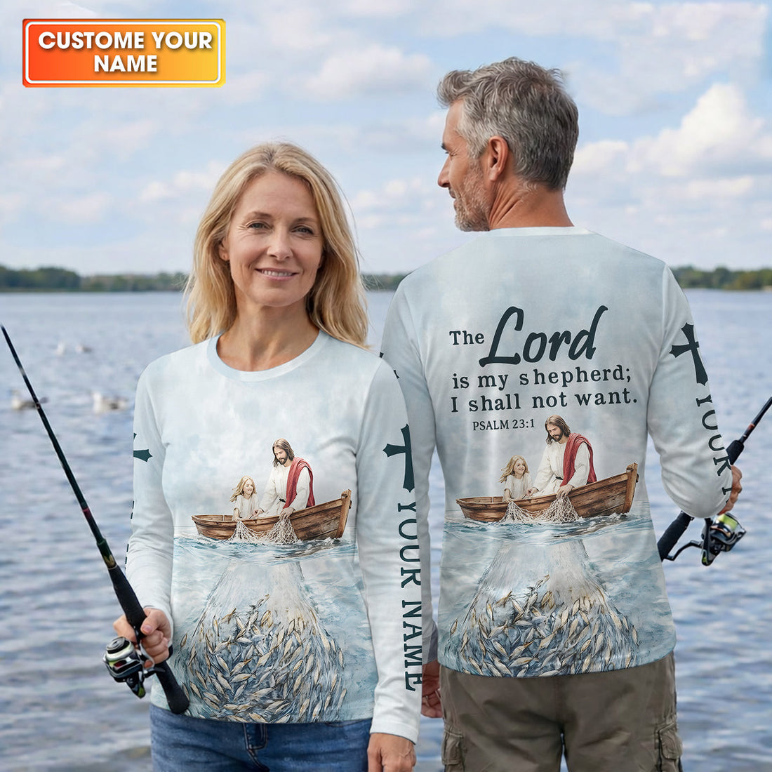Jesus Catching Fish Bible Verse, Personalized Long Sleeve Shirt, Psalm 23 The Lord Is My Shepherd, Religious Gift for Men