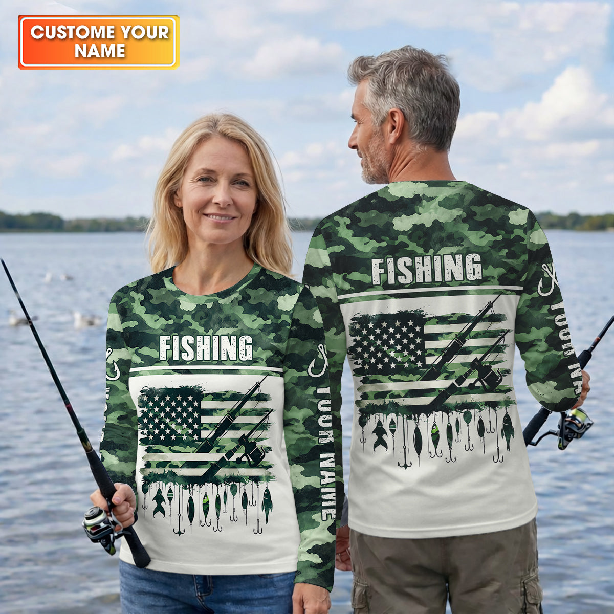 Fishing Green Camo US Flag Pattern Fishing UPF Shirts, 250 Years Fishing Shirts For Men