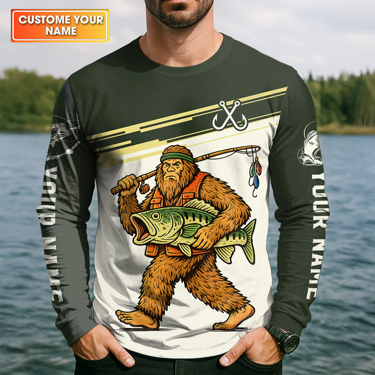 Funny Bigfoot Fishing UPF Shirt, Sasquatch Fishing Humor, Personalized Fishing Shirt for Men