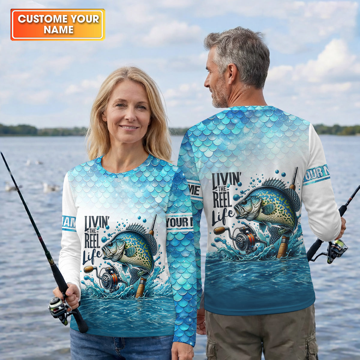 Living The Reel Life Fish Scale Pattern Funny Fishing Shirt, Fishing UPF Shirts, Fishing Shirts For Men