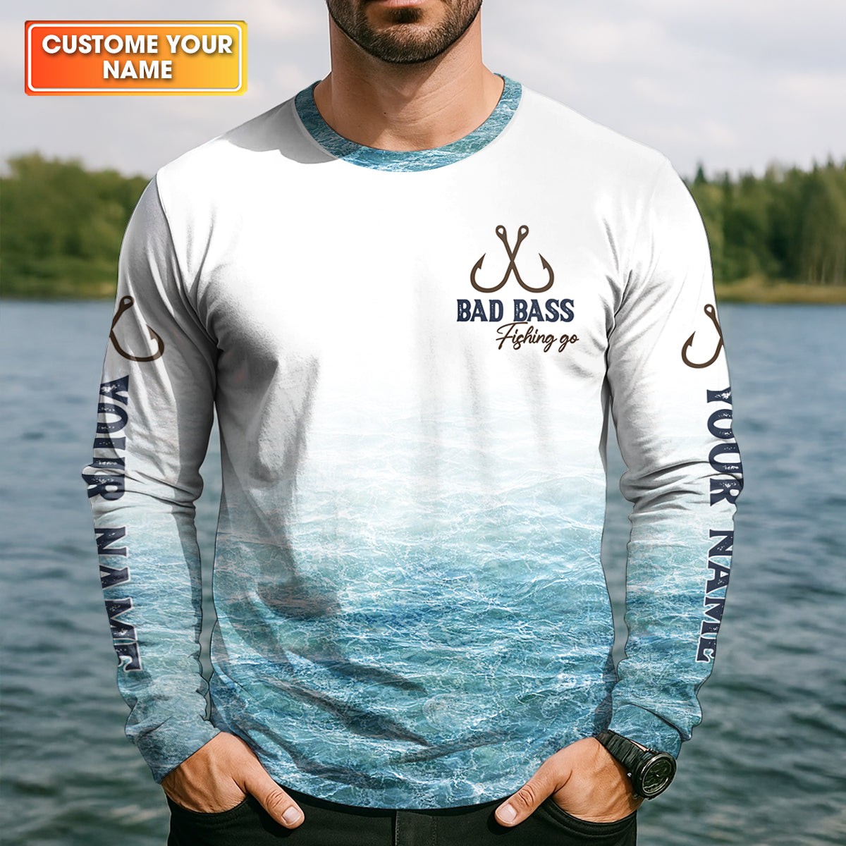 Wishin’ I Was Fishin’ Shirt, Personalized Bad Bass Fishing Shirt For Men, Fishing UPF Shirts