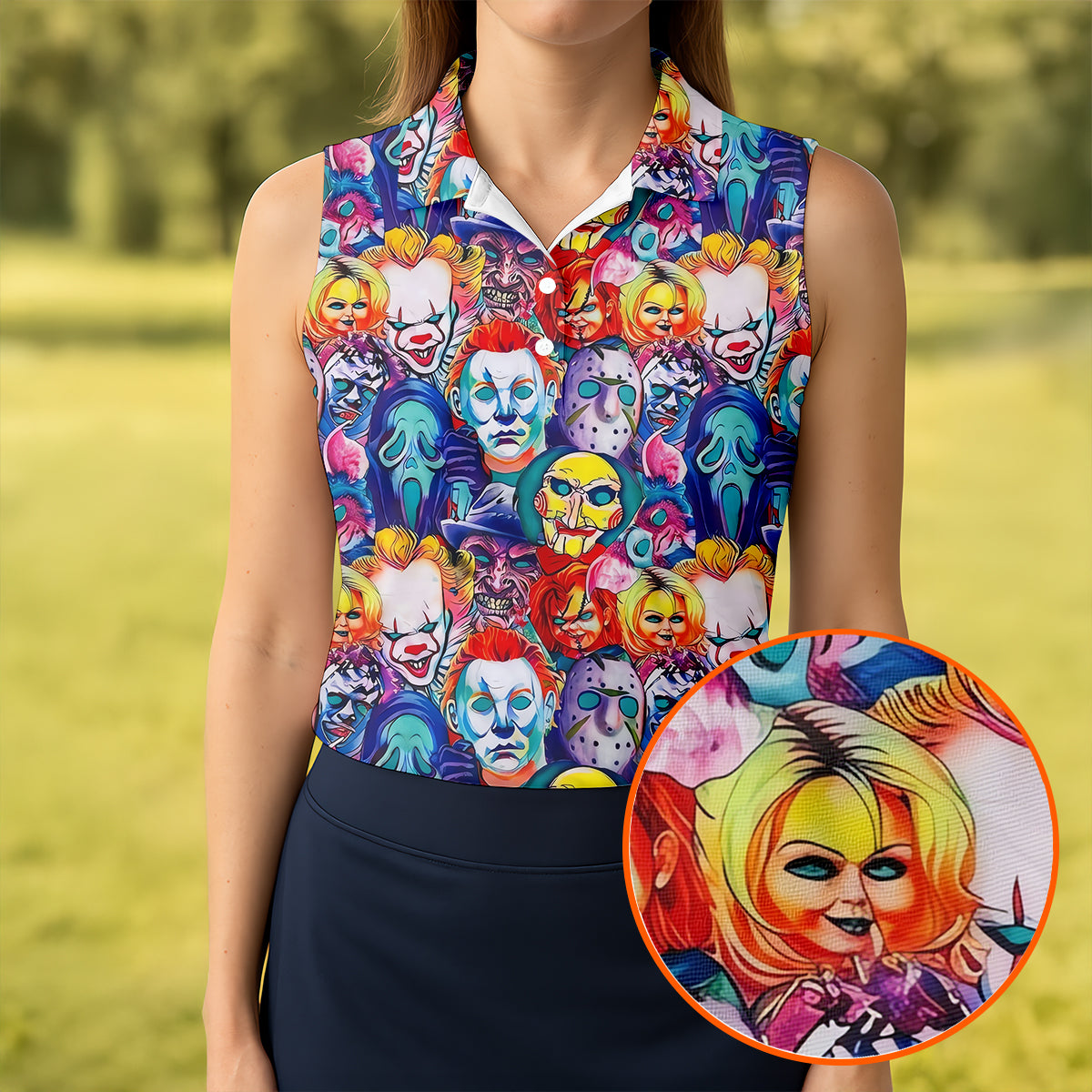 Colorful Horror Character Faces Halloween Polo Shirt, Golf Polo For Women, Ladies Golf Top
