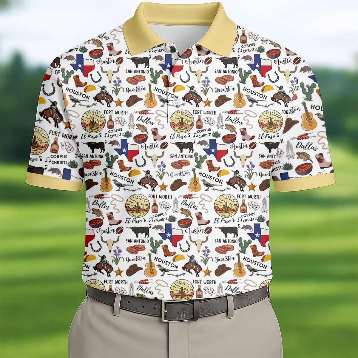Texas Symbols Western Theme Doodle Style Golf Tops For Men, Polo ShirtFor Men, Golf Shirts For Men