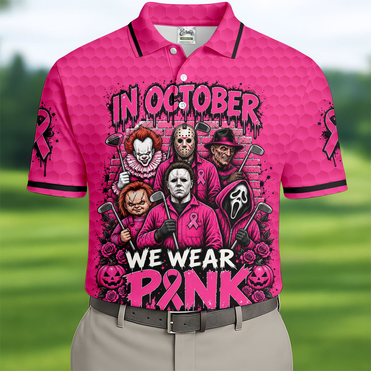 Horror Fights Together Pink Ribbon Polo Shirt, Golf Shirts For Men, Polo Shirts For Men