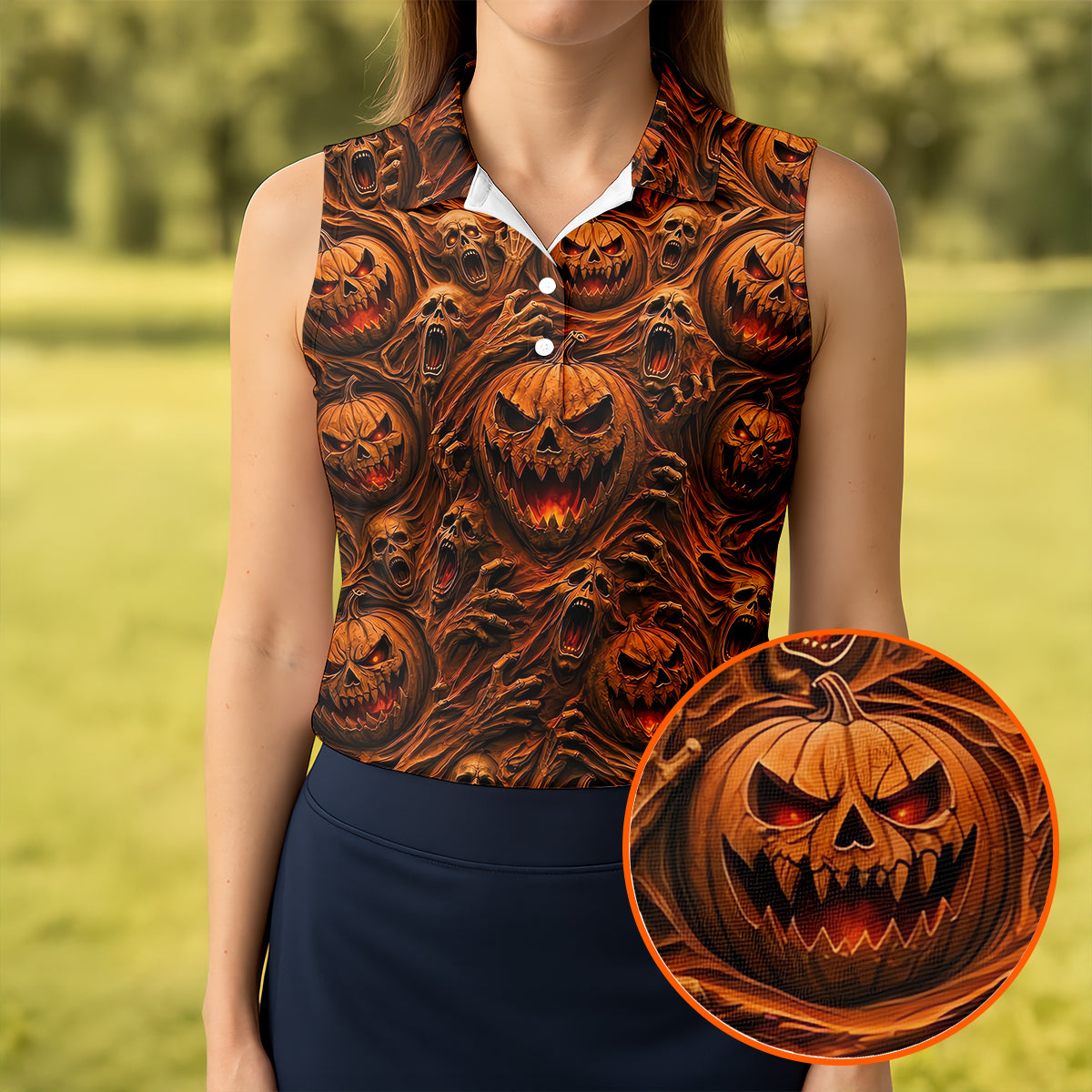 Halloween Evil Pumpkin Ghost Horror Character Polo Shirt, Golf Polo, Womens Golf Tops