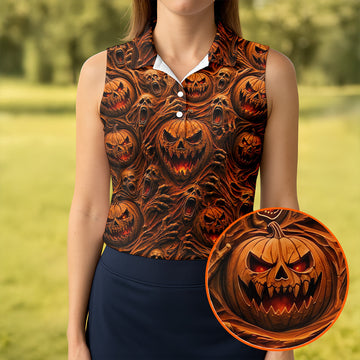 Halloween Evil Pumpkin Ghost Horror Character Polo Shirt, Golf Polo, Womens Golf Tops