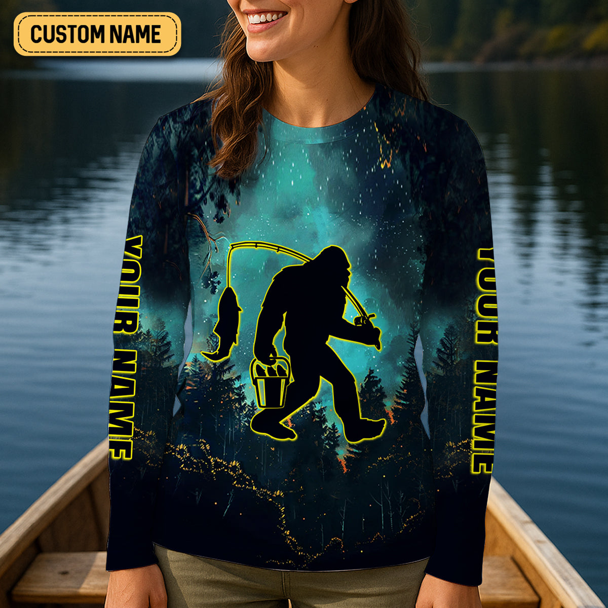 Gone Squatchin And Catching Night Forest Performance Fishing Shirts, Women SPF Shirt, Female Fishing Shirts
