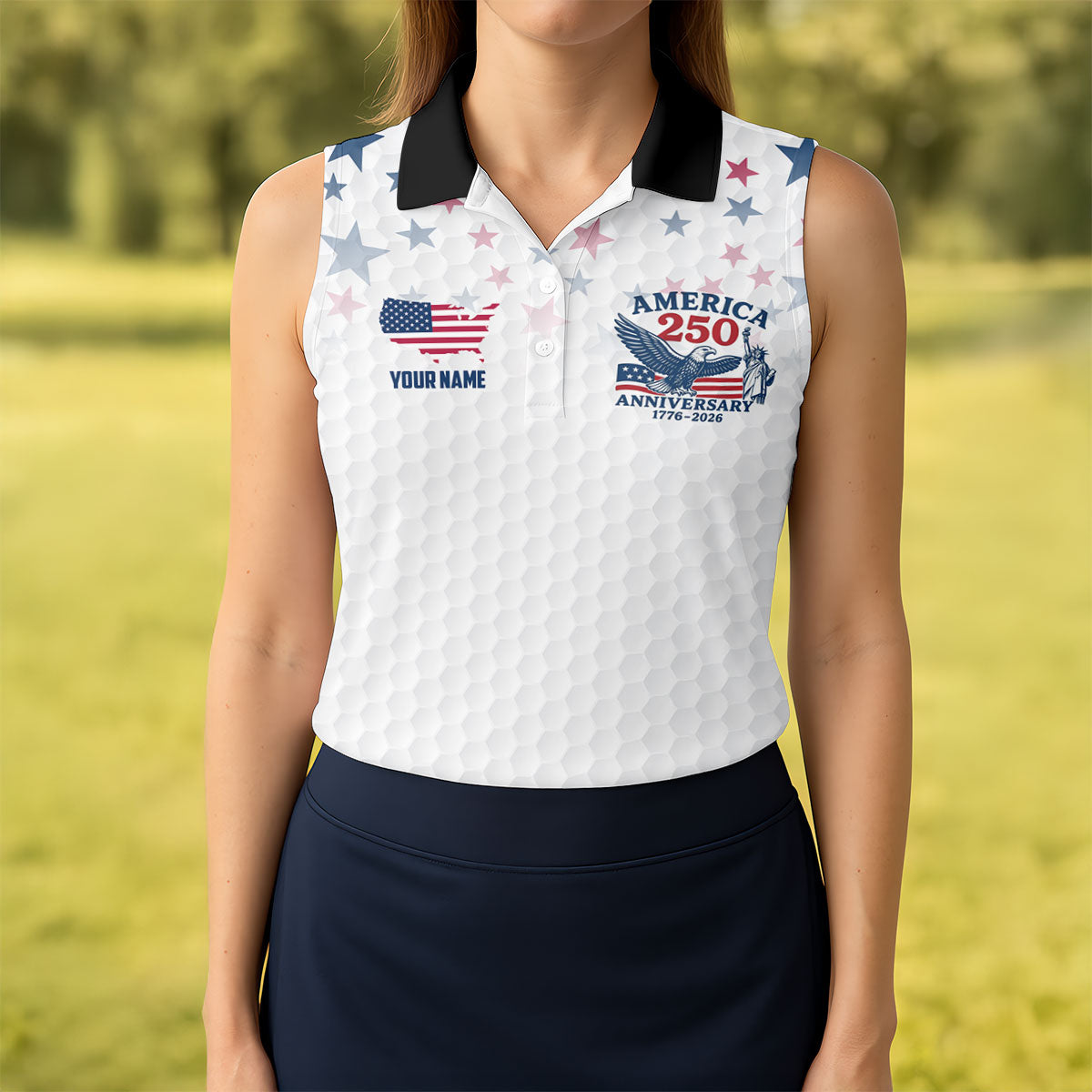 America 250th Anniversary Red White And Blue Stars White Golf Shirt, Patriotic 4th Of July Golf Shirt For Women