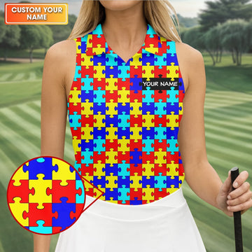Autism Awareness Colorful Puzzle Pattern Ladies Golf Shirts, Golf Shirt For Women, Ladies Golf Polos