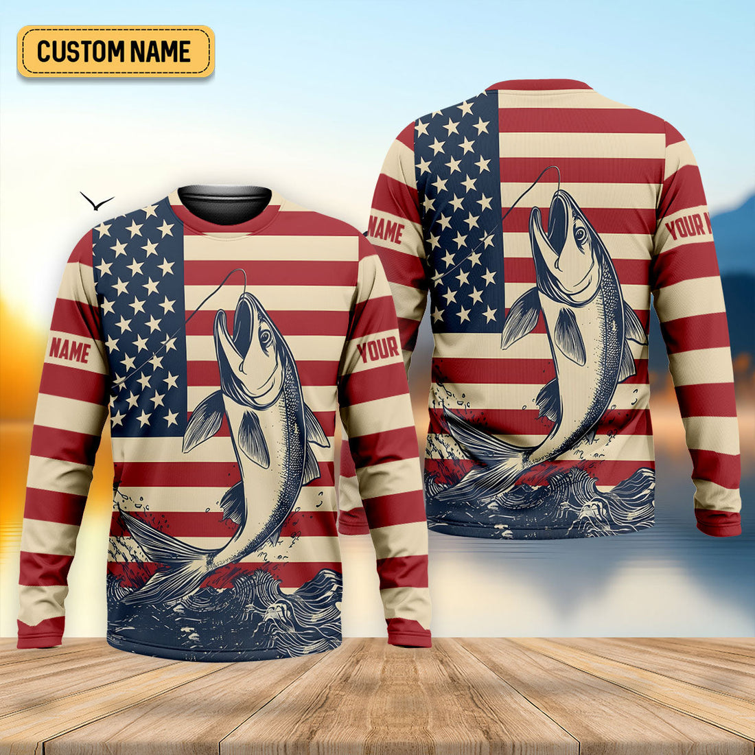 Personalized American Flag Fishing Shirt, Patriotic Bass Long Sleeve UPF For Men