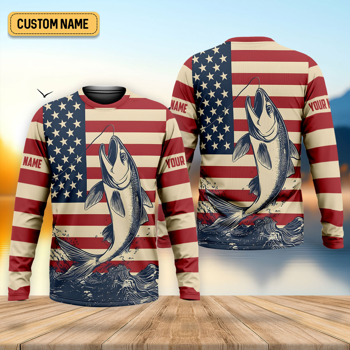 Personalized American Flag Fishing Shirt, Patriotic Bass Long Sleeve UPF For Men
