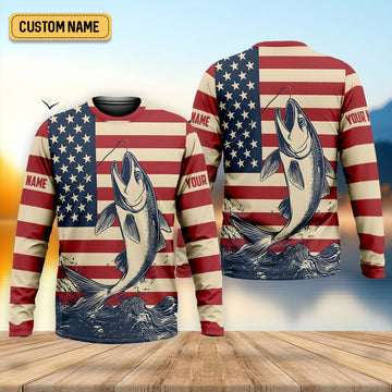 Personalized American Flag Fishing Shirt, Patriotic Bass Long Sleeve UPF For Men