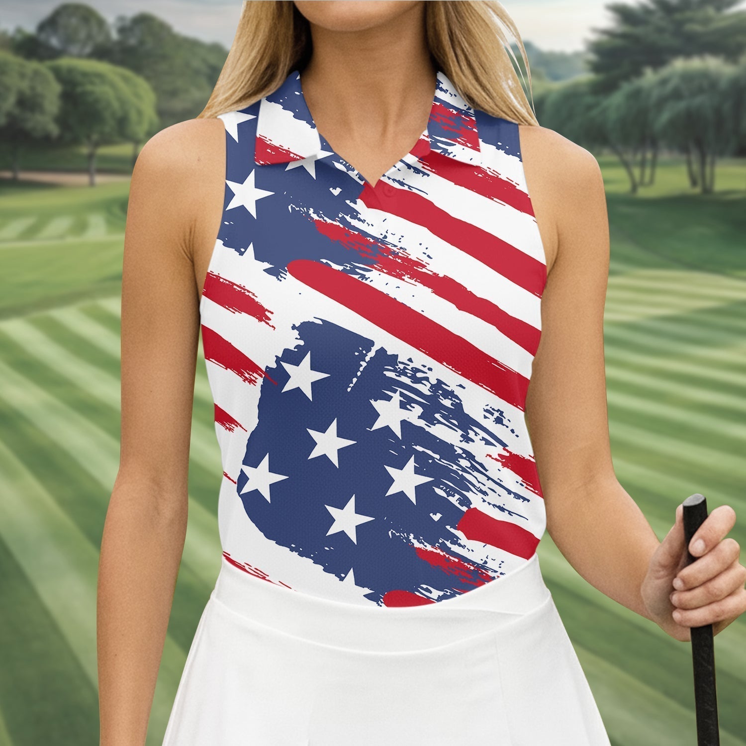 Distressed America Flag Pattern Women's Golf Tops, 250th Anniversary Ladies Golf Shirts