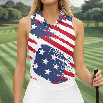 Distressed America Flag Pattern Women's Golf Tops, 250th Anniversary Ladies Golf Shirts