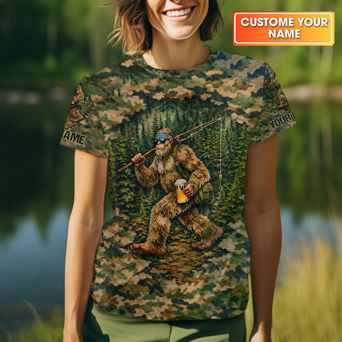Bigfoot Fishing And Beer Earth Green Camo Fishing Shirt, Fishing UPF Shirts, Women Fishing Shirt