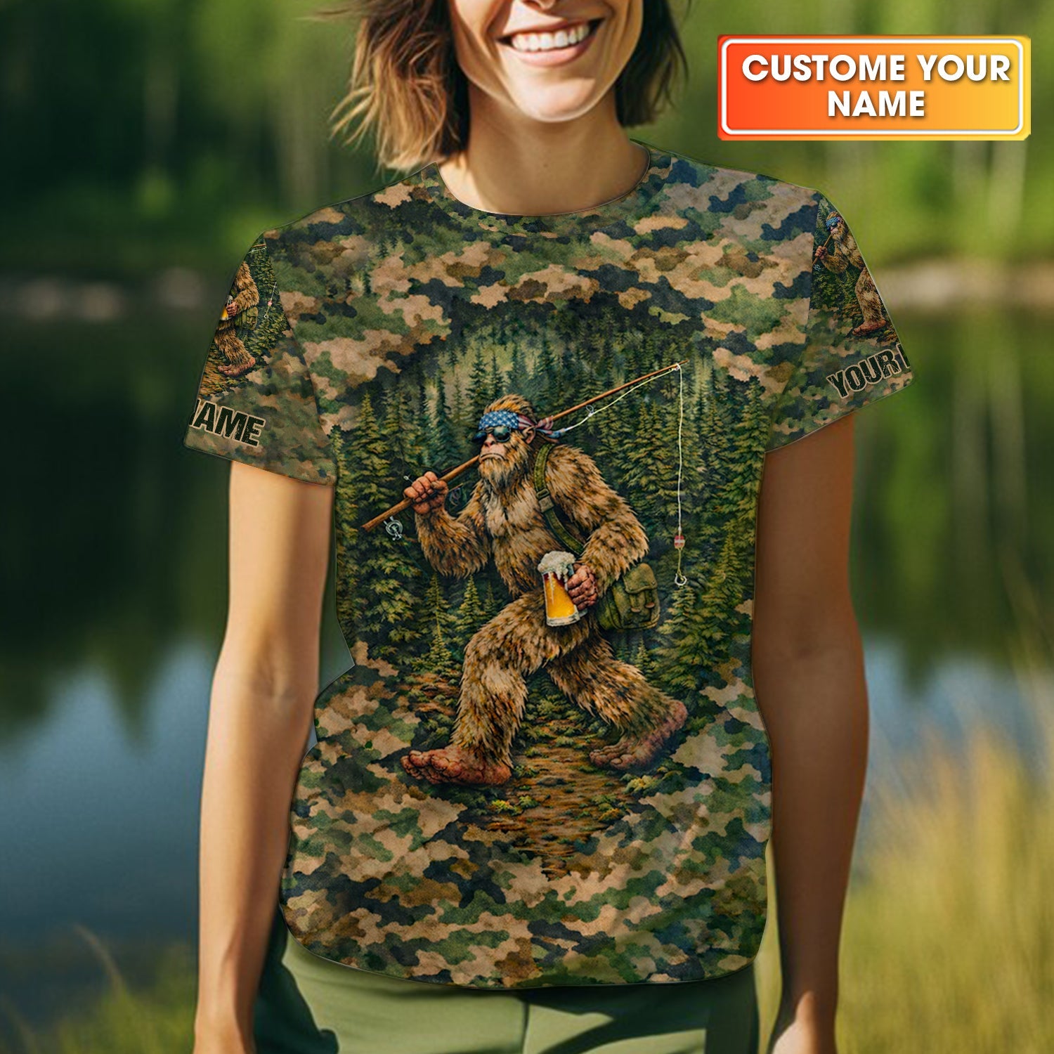 Bigfoot Fishing And Beer Earth Green Camo Fishing Shirt, Fishing UPF Shirts, Women Fishing Shirt