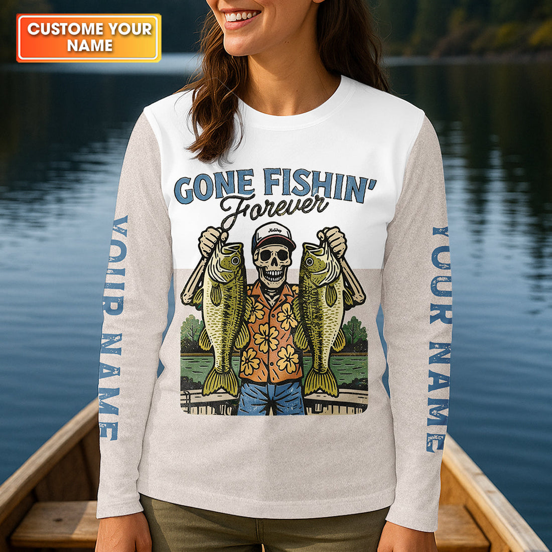 Gone Fishing Forever Funny Skeleton Largemouth Bass Fishing UPF Shirts, Fishing Shirt For Women