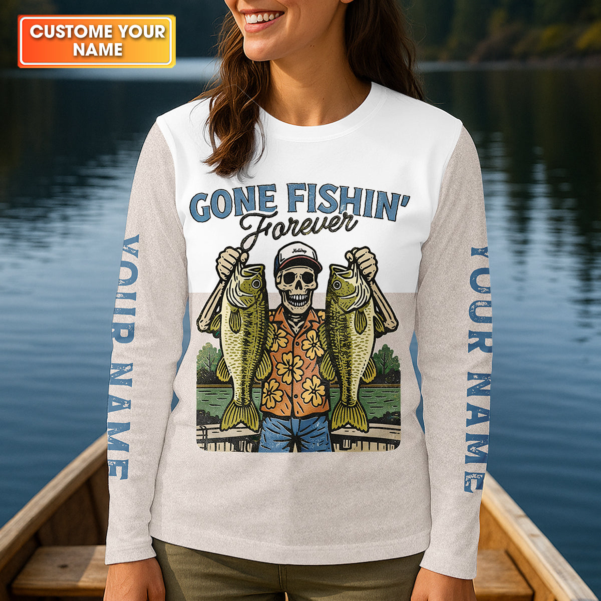 Gone Fishing Forever Funny Skeleton Largemouth Bass Fishing UPF Shirts, Fishing Shirt For Women