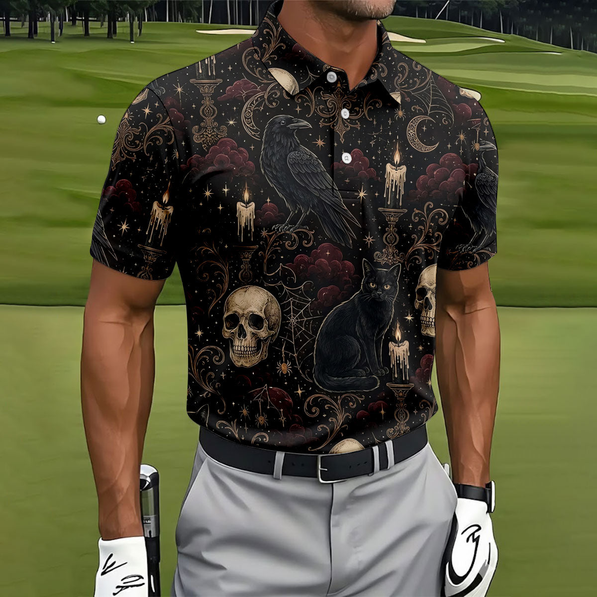 Gothic Raven Black Cat Skull Halloween Polo Shirt, Golf Shirts For Men, Mens Golf Apparel
