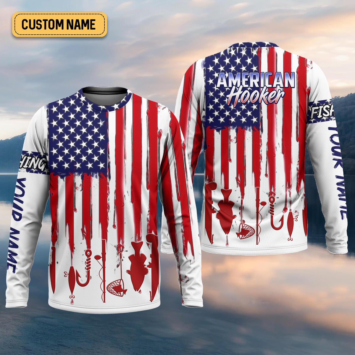 American Hooker Hooded UPF Shirt, American Flag Fish Shirt, Long Sleeve Fishing Shirts, Mens Casual Shirts