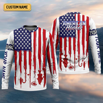 American Hooker Hooded UPF Shirt, American Flag Fish Shirt, Long Sleeve Fishing Shirts, Mens Casual Shirts