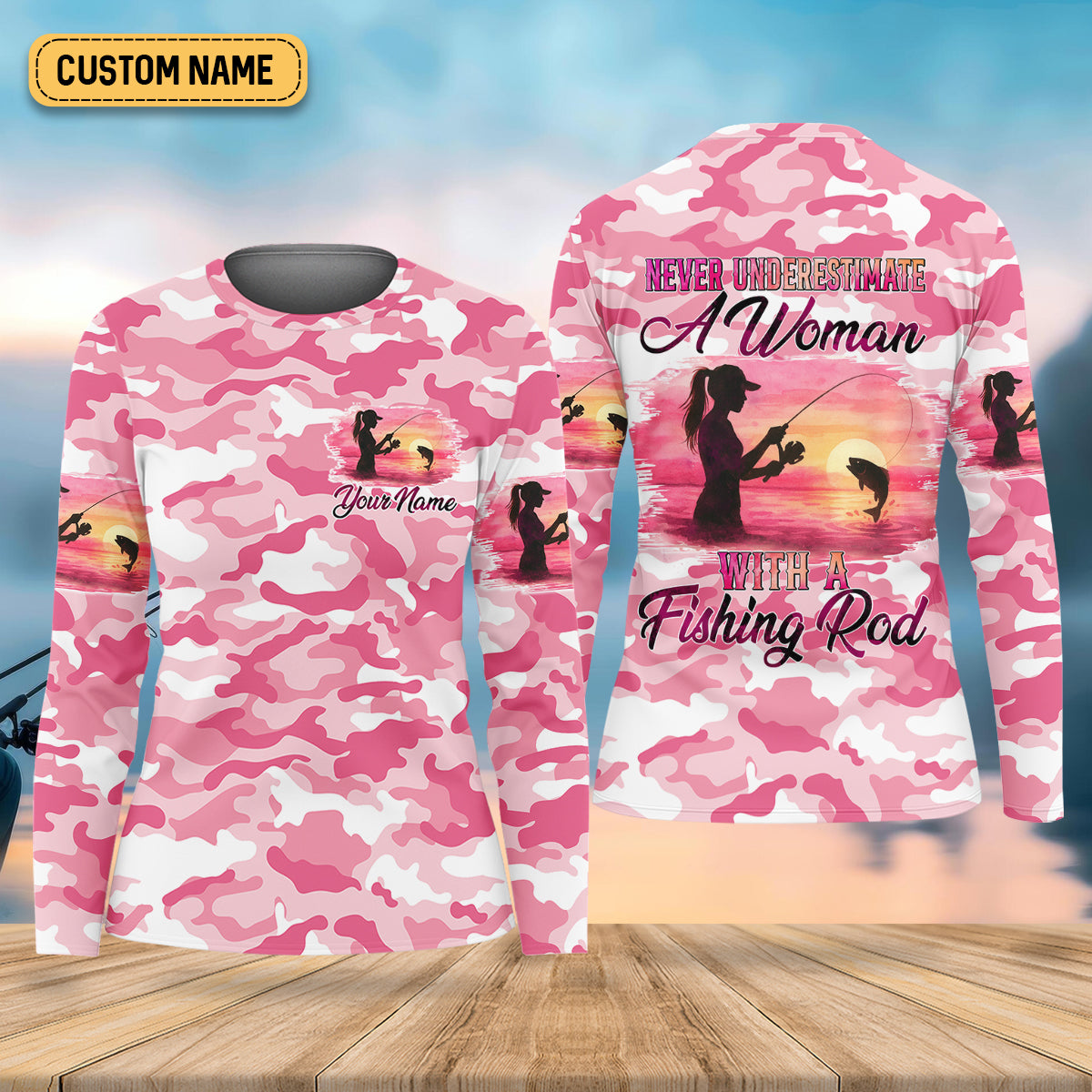 Never Underestimate A Women With A Fishing Rod Women's Pink Camo Fishing UPF Shirts, Female Fishing Shirts